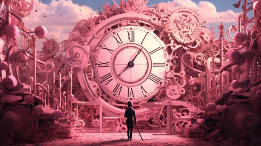 Roze grote klok met vrouw met wandelstok voor eromheen wolken en radaren in roze